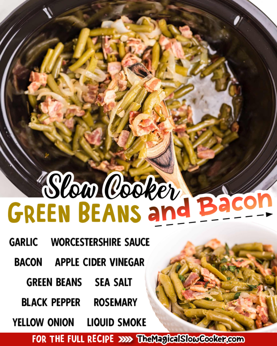Collage of green beans and bacon with text of what the ingredients are.