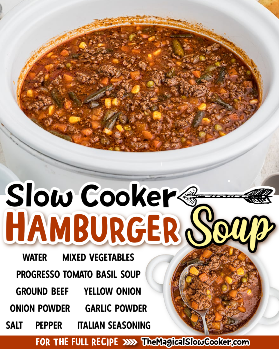 Collage of hamburger soup with text of what the ingredients are.