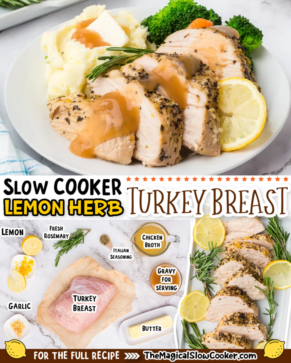 Collage of lemon herb turkey breast with text of what the ingredients are.