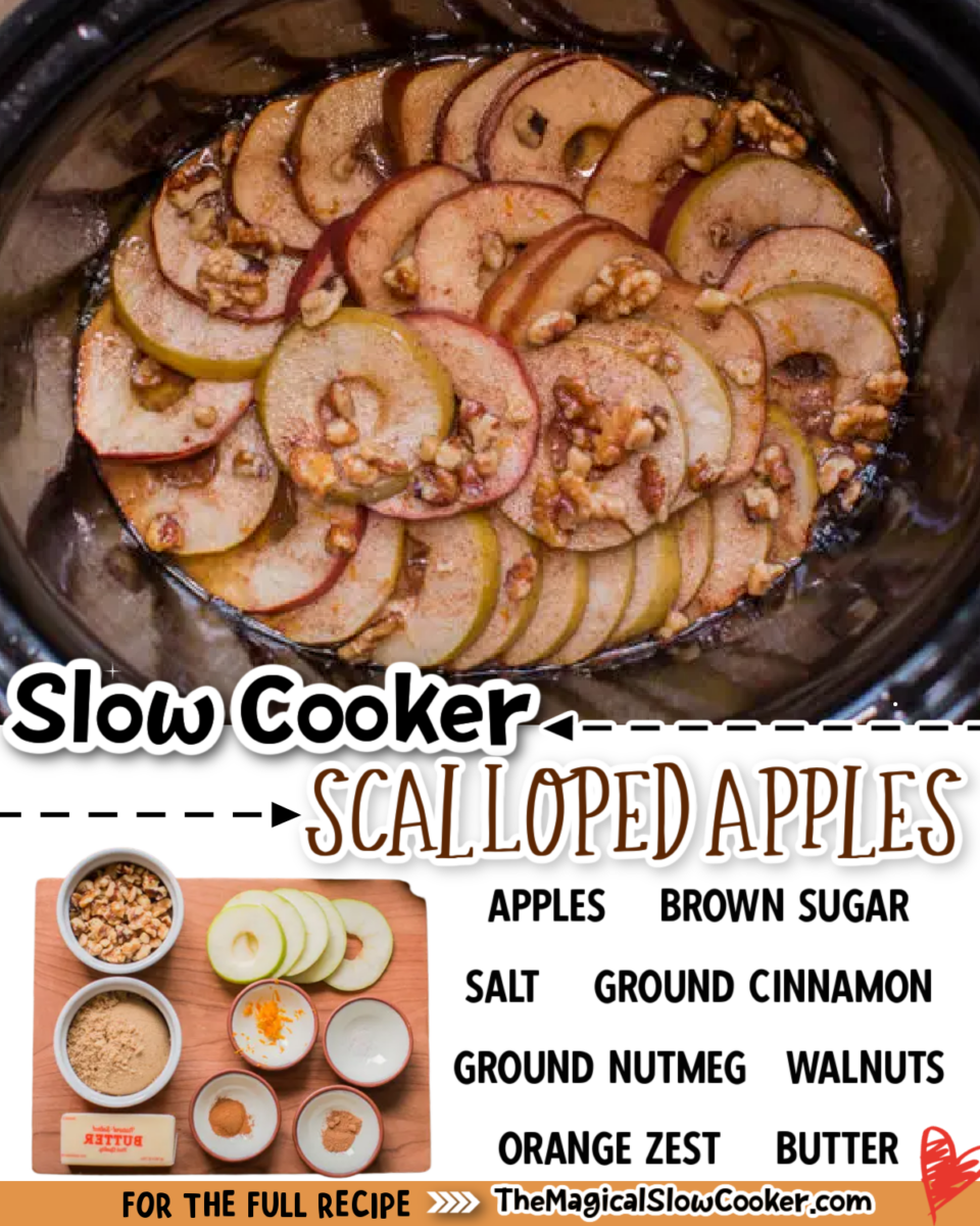 Collage of scalloped apples with text of what the ingredients are.