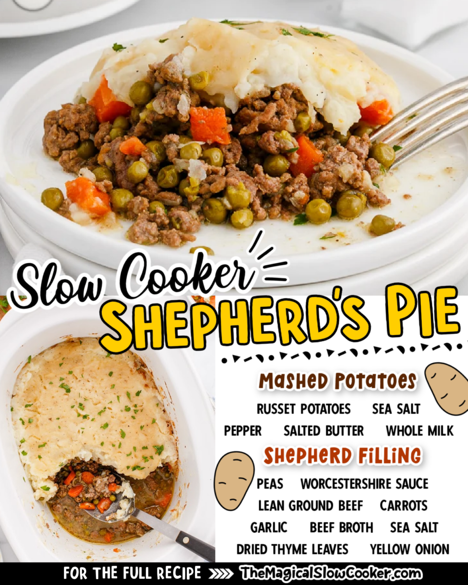Collage of shepherds pie with text of what the ingredients are.