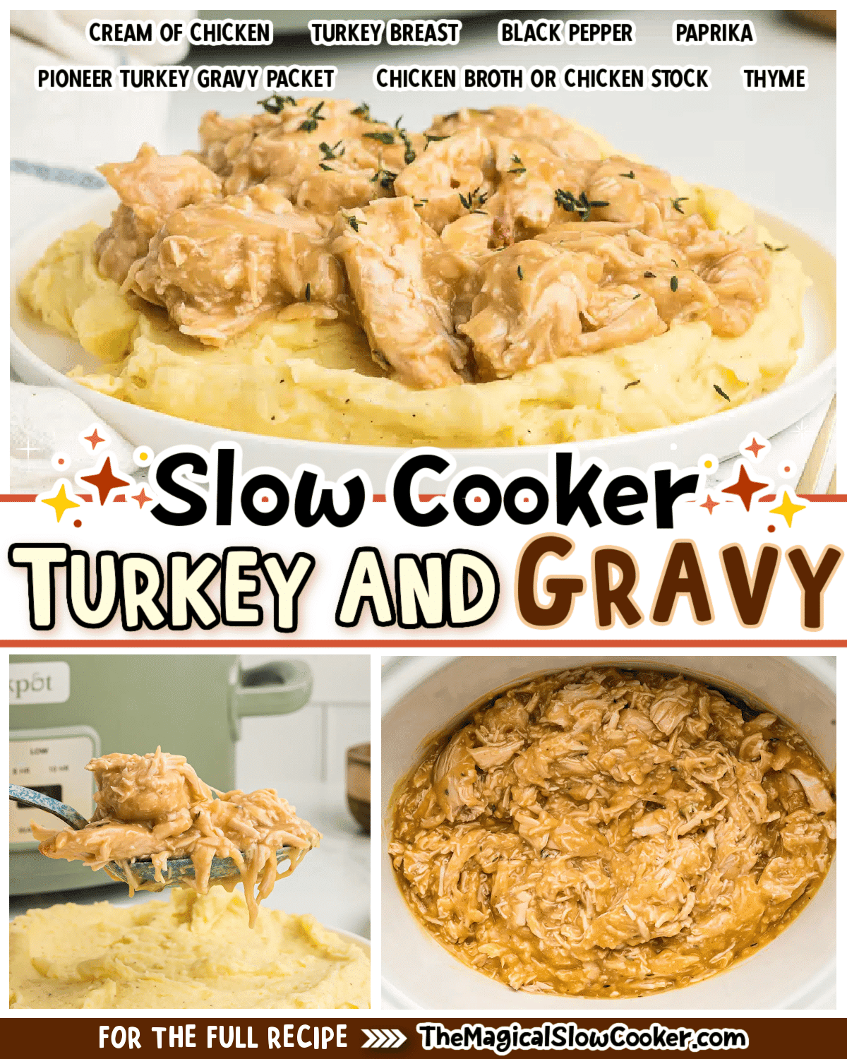 Collage of turkey and gravy with text of what the ingredients are.