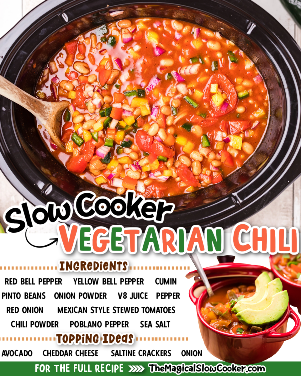 Collage of vegetarian chili with text of what the ingredients are.