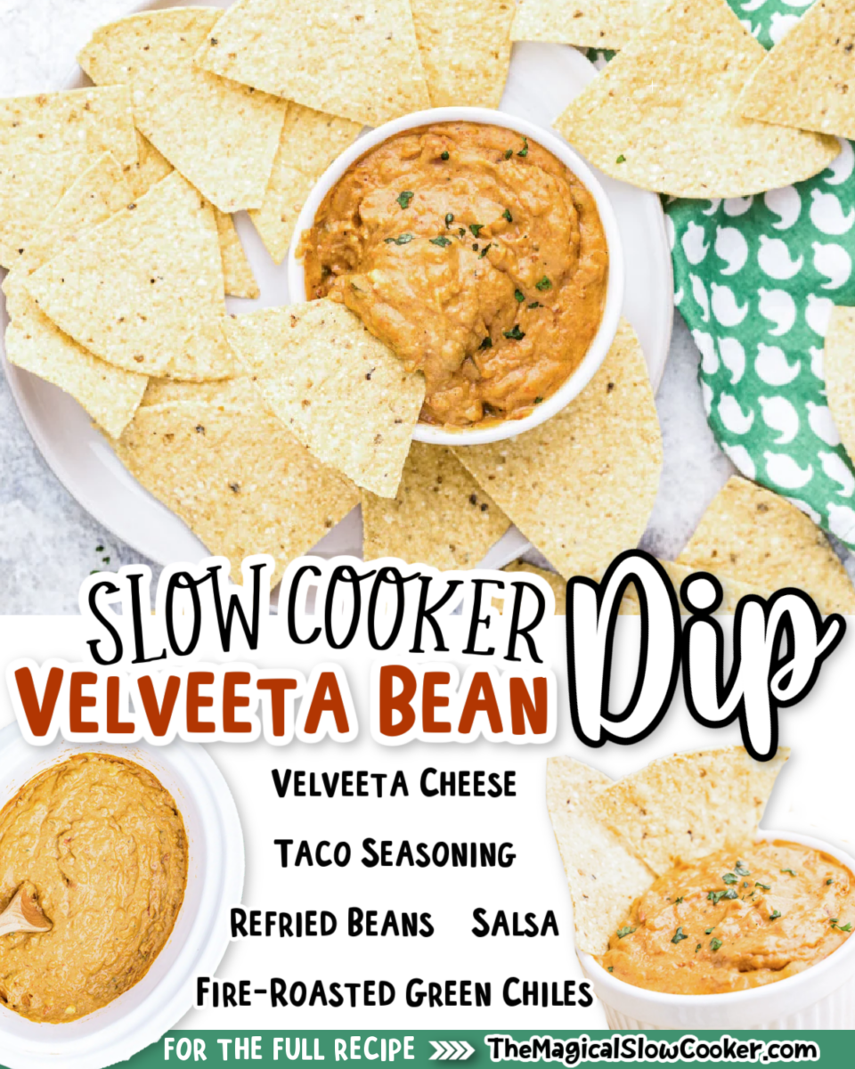 Collage of velveeta bean dip with text of what the ingredients are.