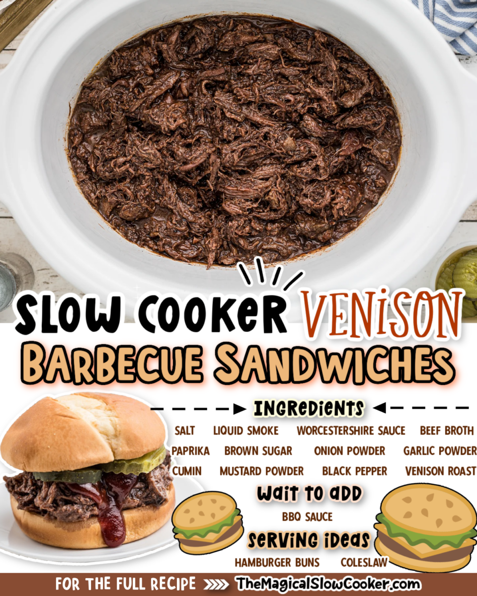 Collage of venison bbq sandwiches with text of what the ingredients are.