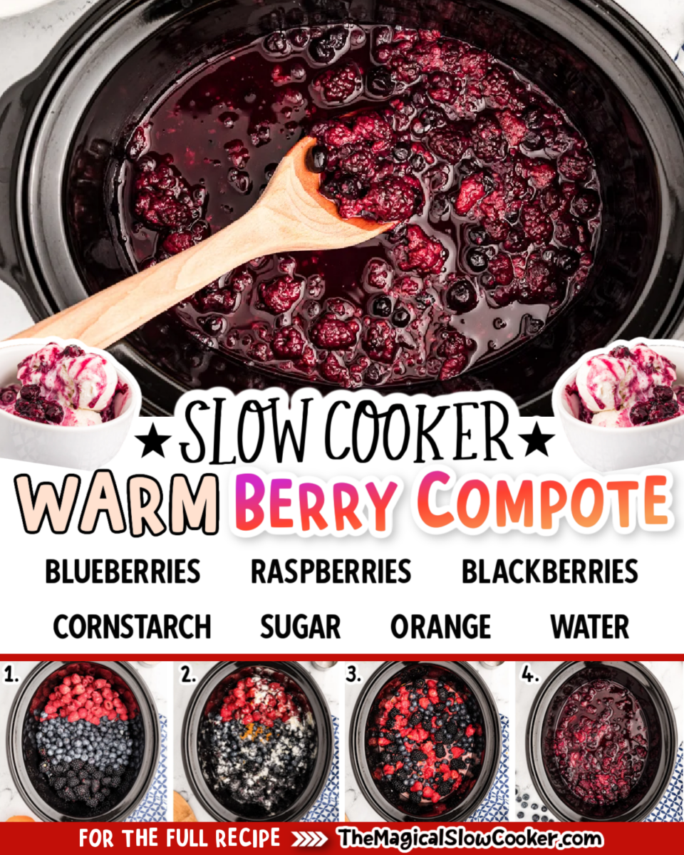 Collage of warm berry compote with text of what the ingredients are.