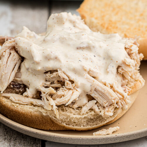 close up of made alabama chicken sandwich.