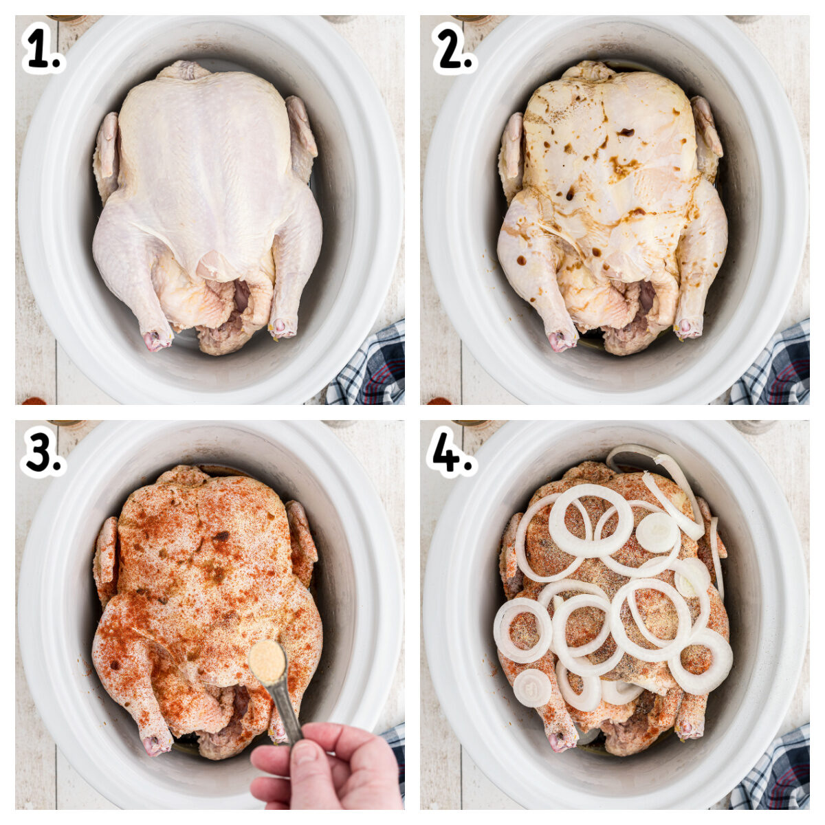 4 images showing how to make a whole chicken for alabama sanwiches in the crockpot.