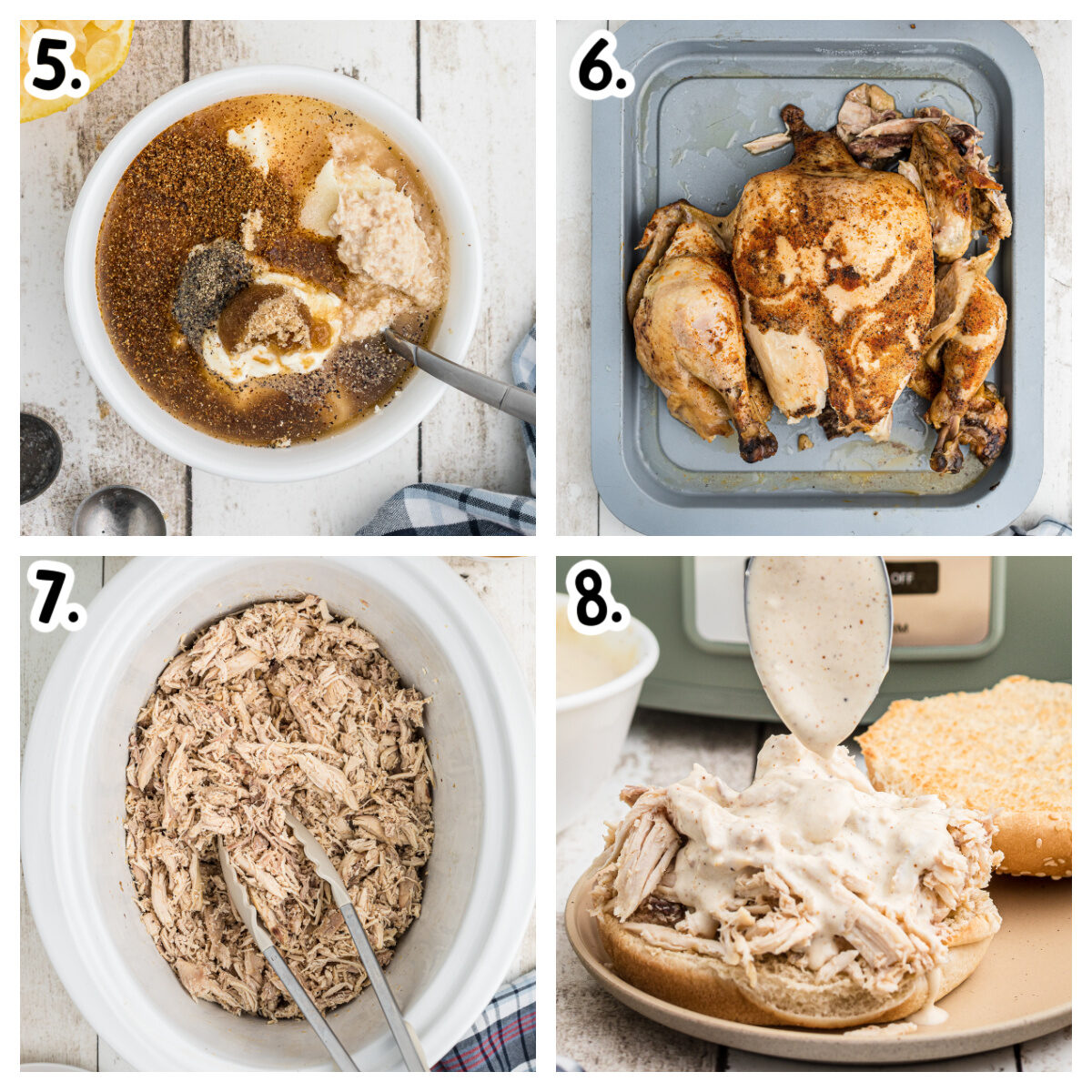 4 images showing how to make alabama sauce and shredded chicken sandwiches.