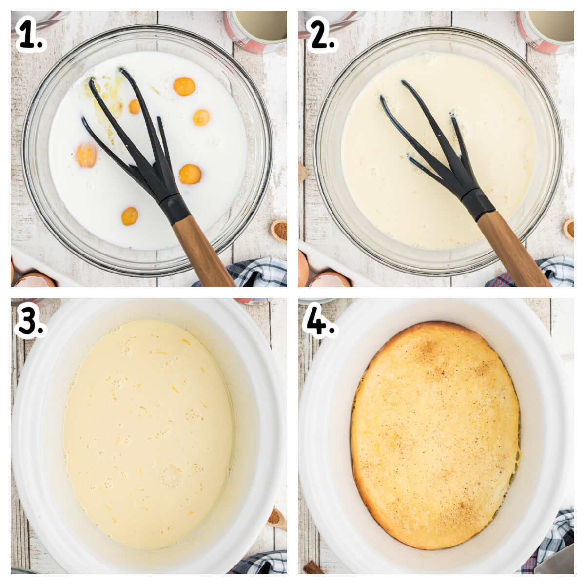 collage about how to make baked custard in a crockpot.