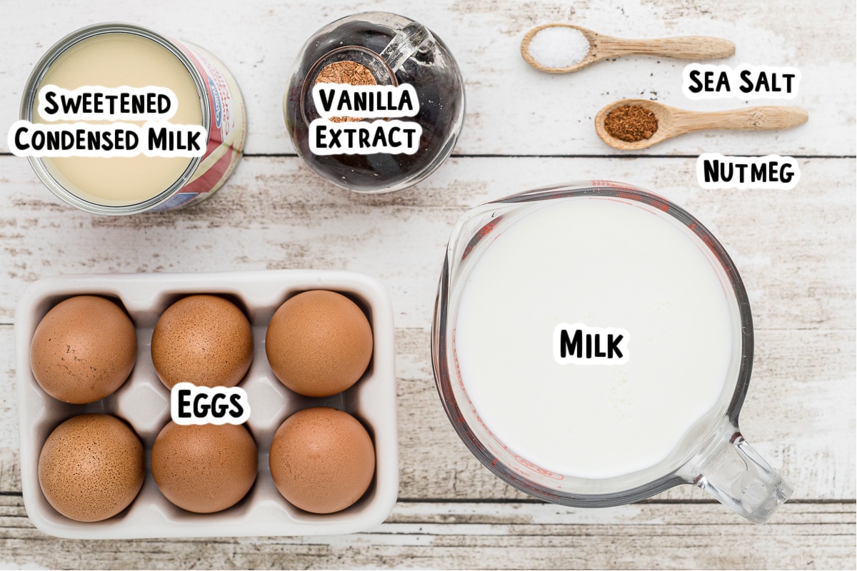 Ingredients for baked custard on a table.