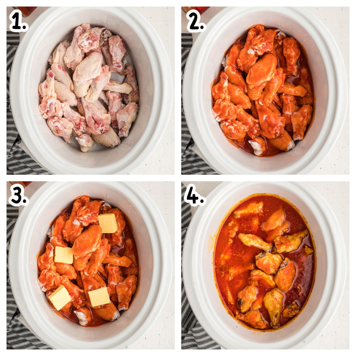 4 images showing how to make buffalo wings in a crockpot.