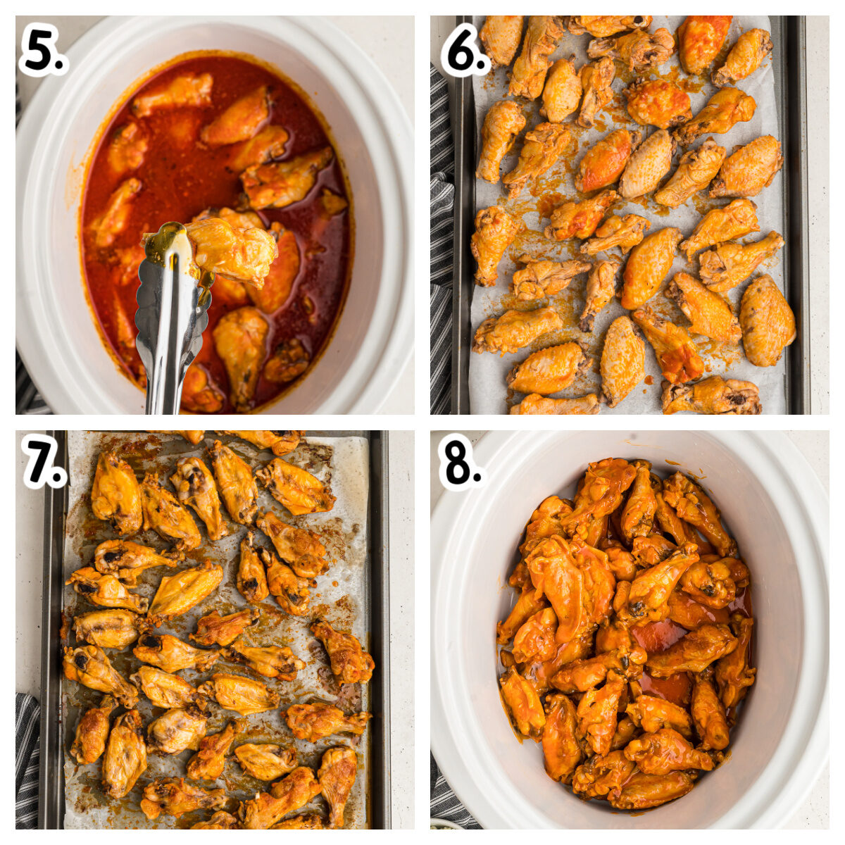 4 images showing how to crisp buffalo wings from crockpot.