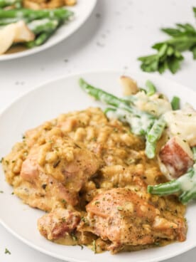 chicken and stuffing on a plate.