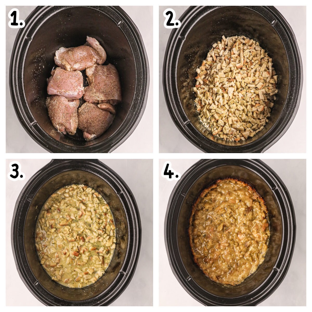 Four images showing how to make chicken and stuffing in a slow cooker.