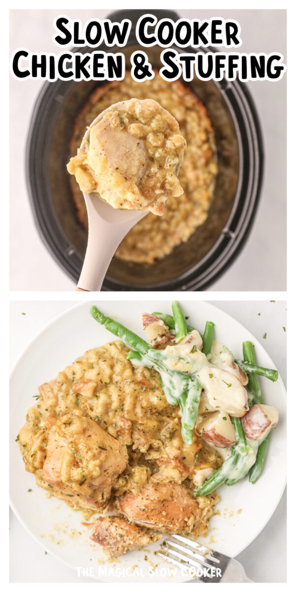 2 images of chicken and stuffing for pinterest.