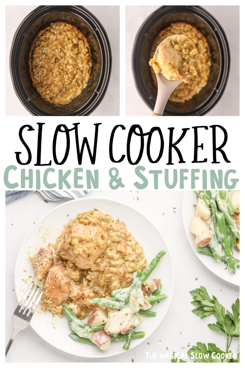 Collage of chicken and stuffing images with text overlay for pinterest.