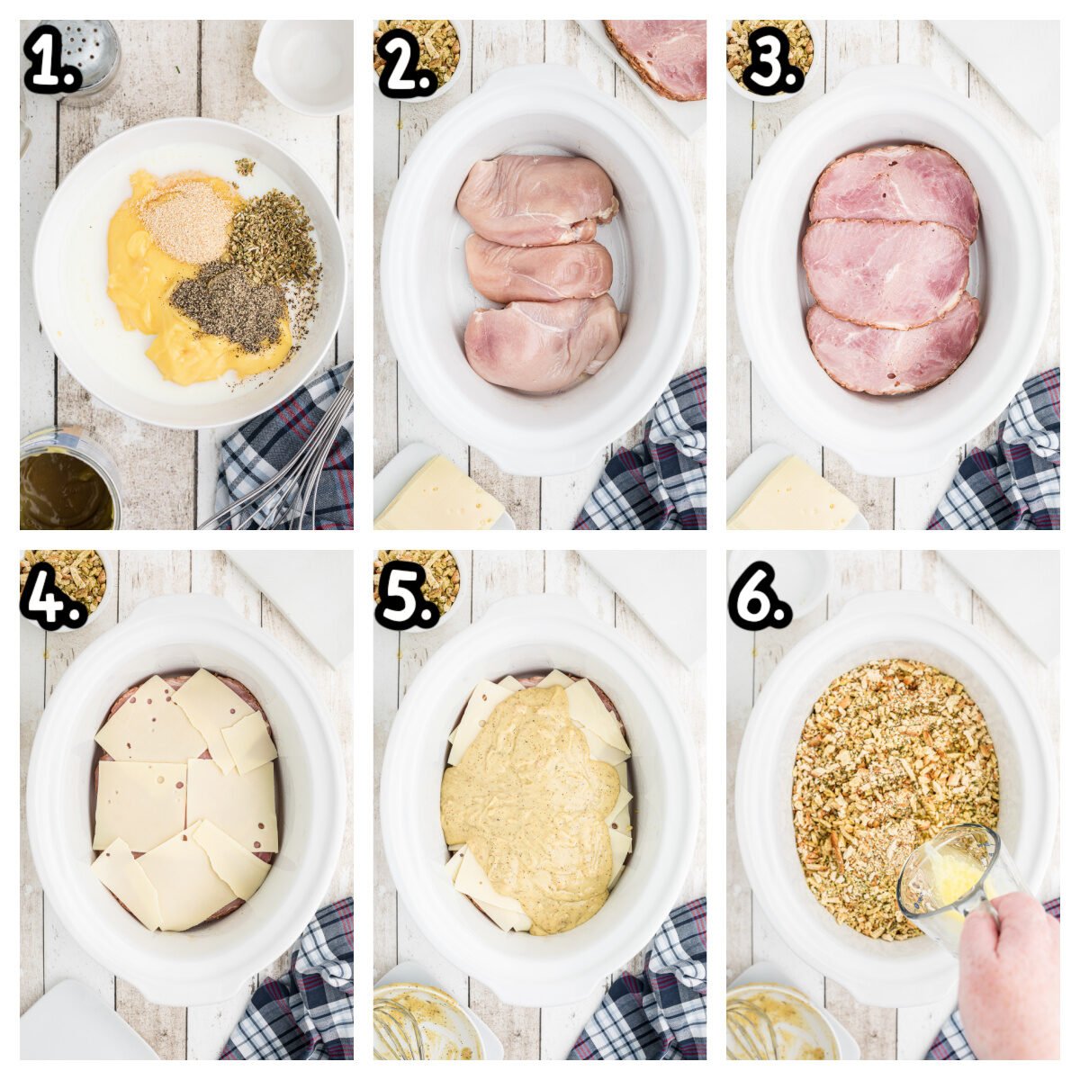 Six images showing how to make chicken cordon bleu in a crockpot.