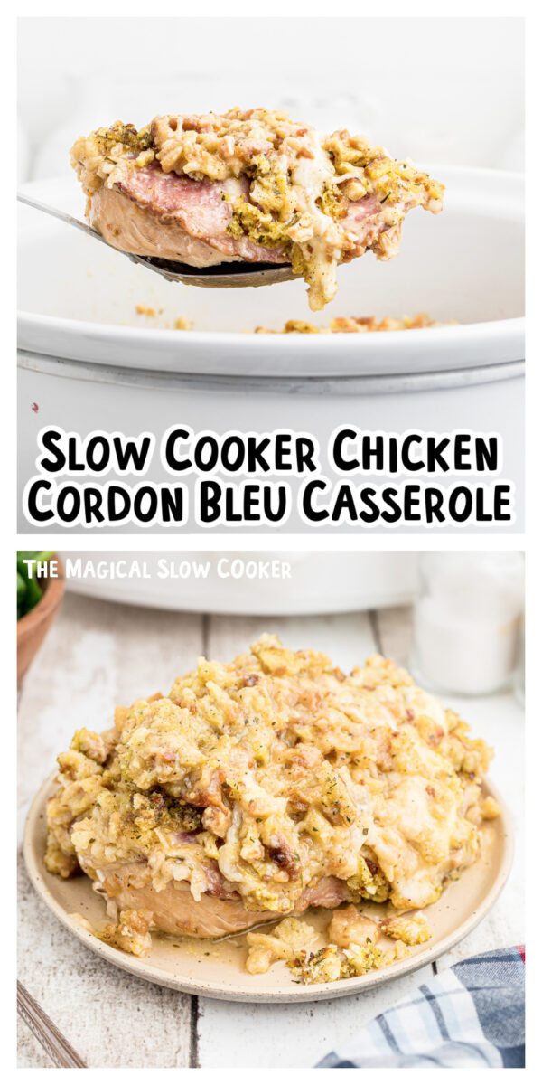 2 images of chicken cordon bleu for pinterest.