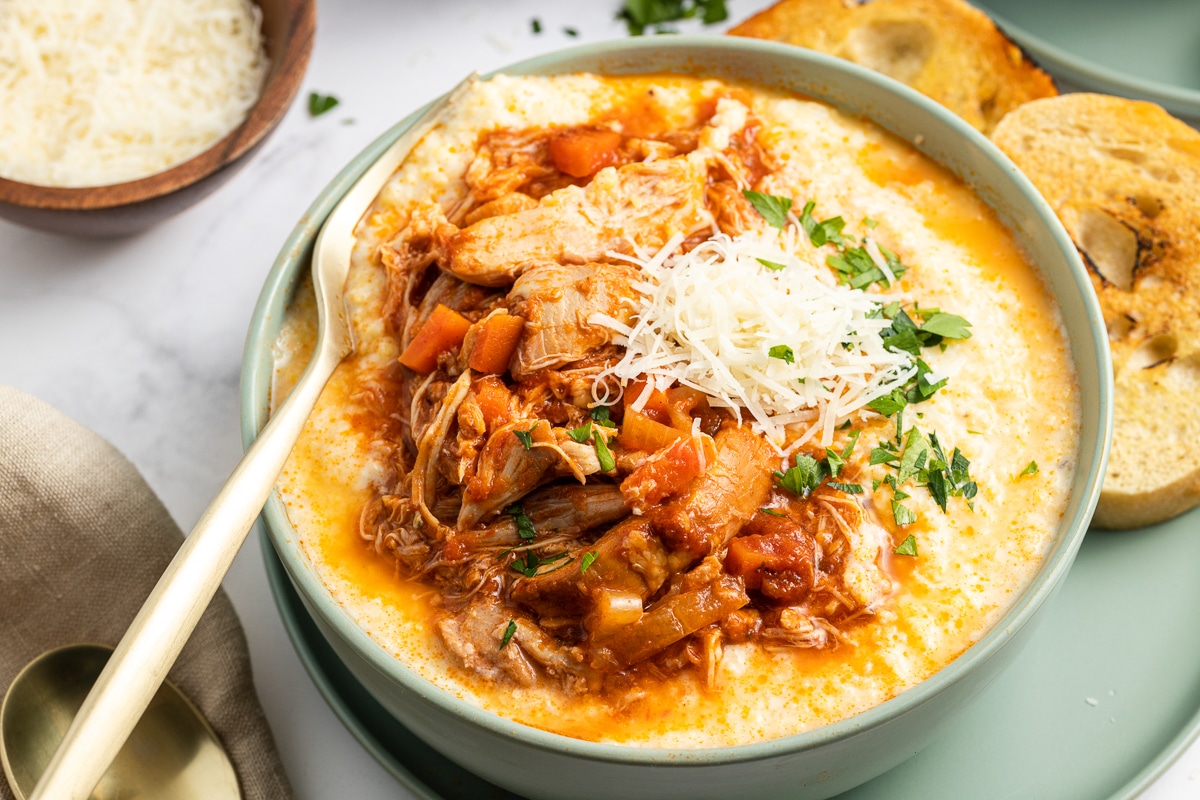 shredded chicken marinara in polenta.