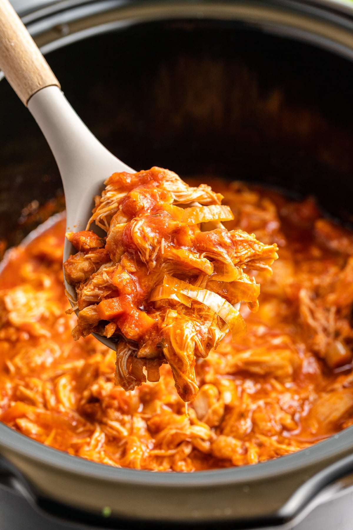 Chicken marinara on a spoon.