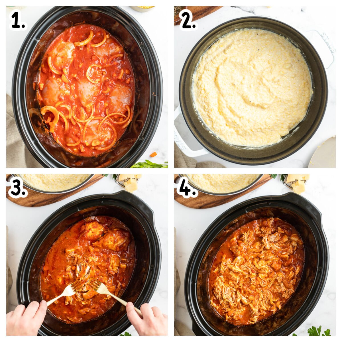 4 images of how to make chicken marinara and polenta.