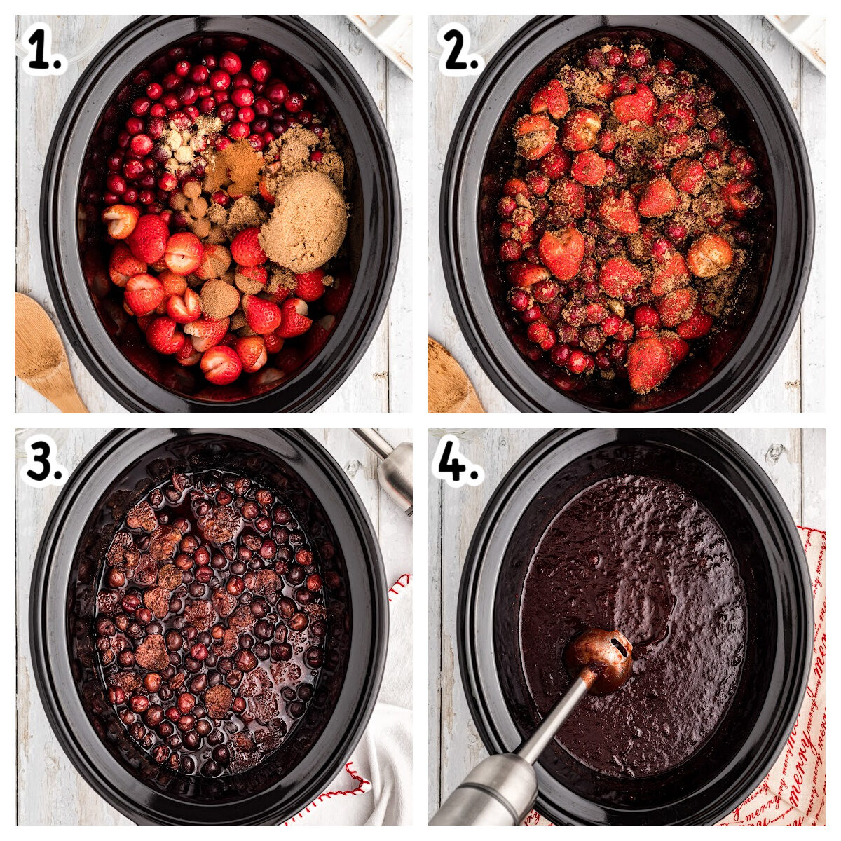4 images showing how to make christmas jam in a slow cooker.