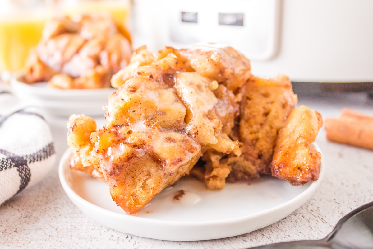 plate of cinnamon roll casserole.