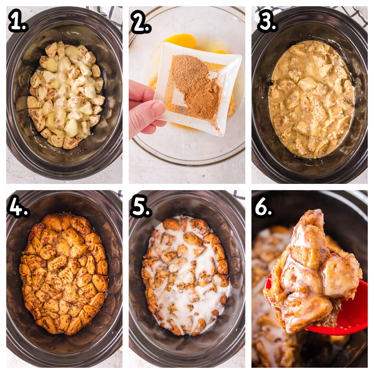 6 images showing how to put canned cinnamon rolls, butter and egg mixture in slow cooker. Then a glaze.