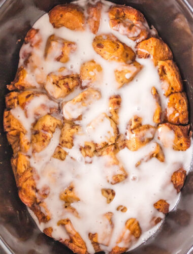 long image of cinnamon roll casserole.