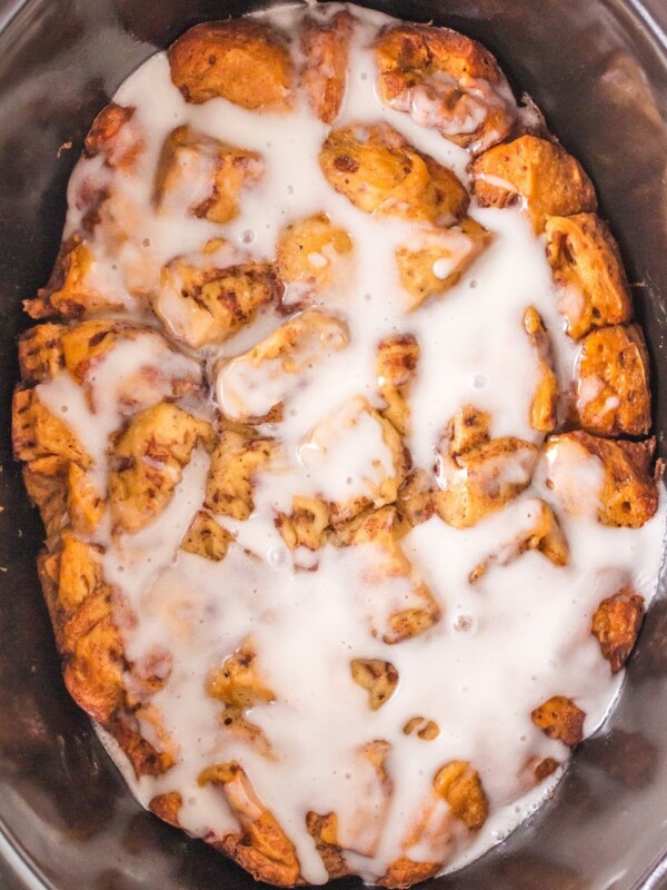 long image of cinnamon roll casserole.