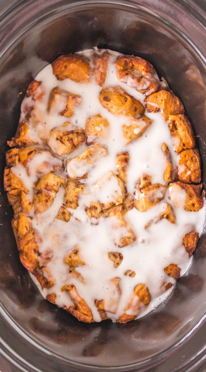 long image of cinnamon roll casserole.