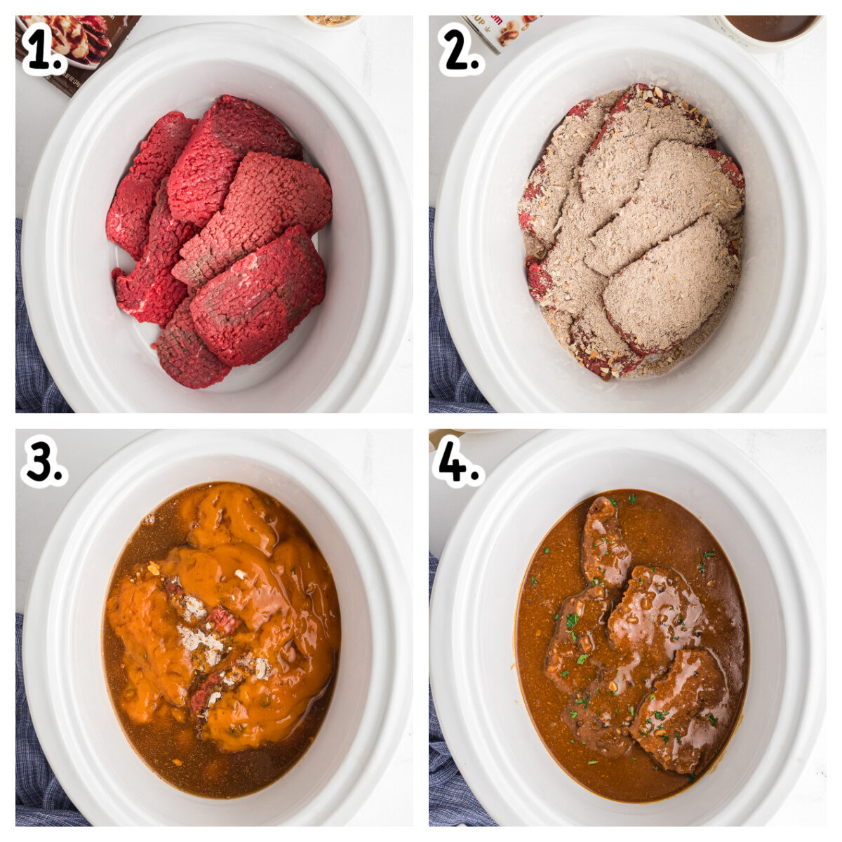 Four images showing how to make cube steak in a crockpot.
