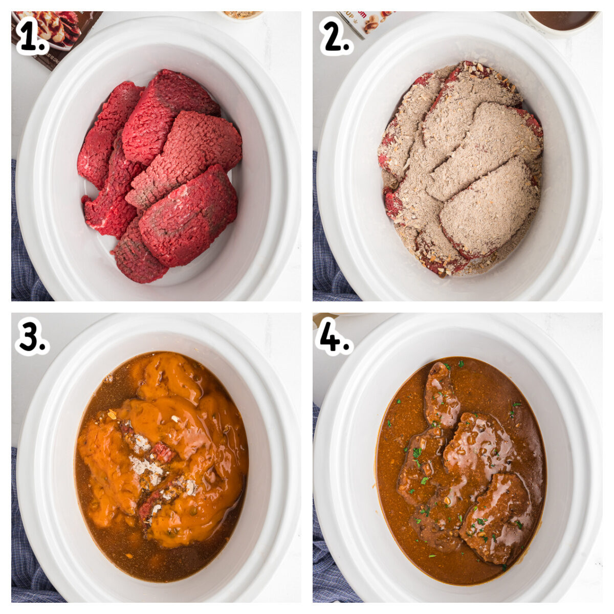 Four images showing how to make cube steak in a crockpot.