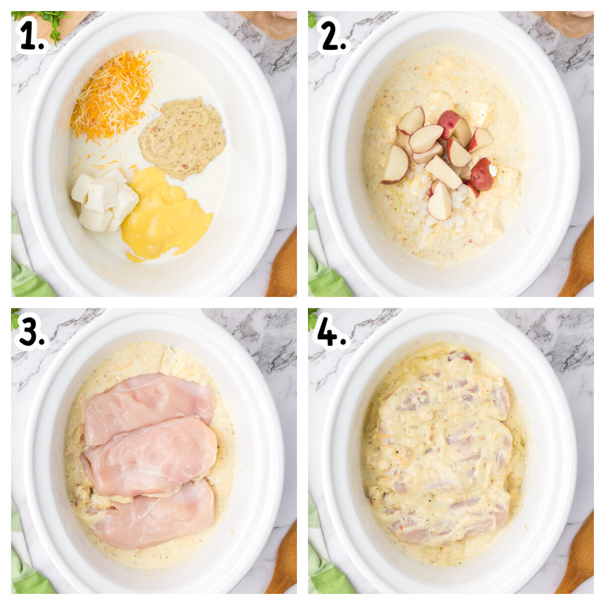 4 images showing how to add ingredients for chicken pasta in a crockpot.