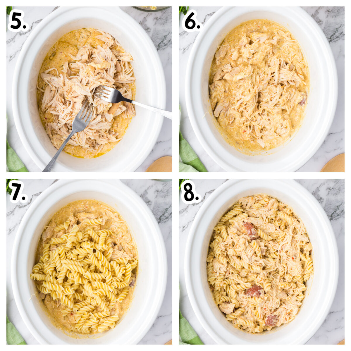 How to shred chicken and add cooked rotini pasta.
