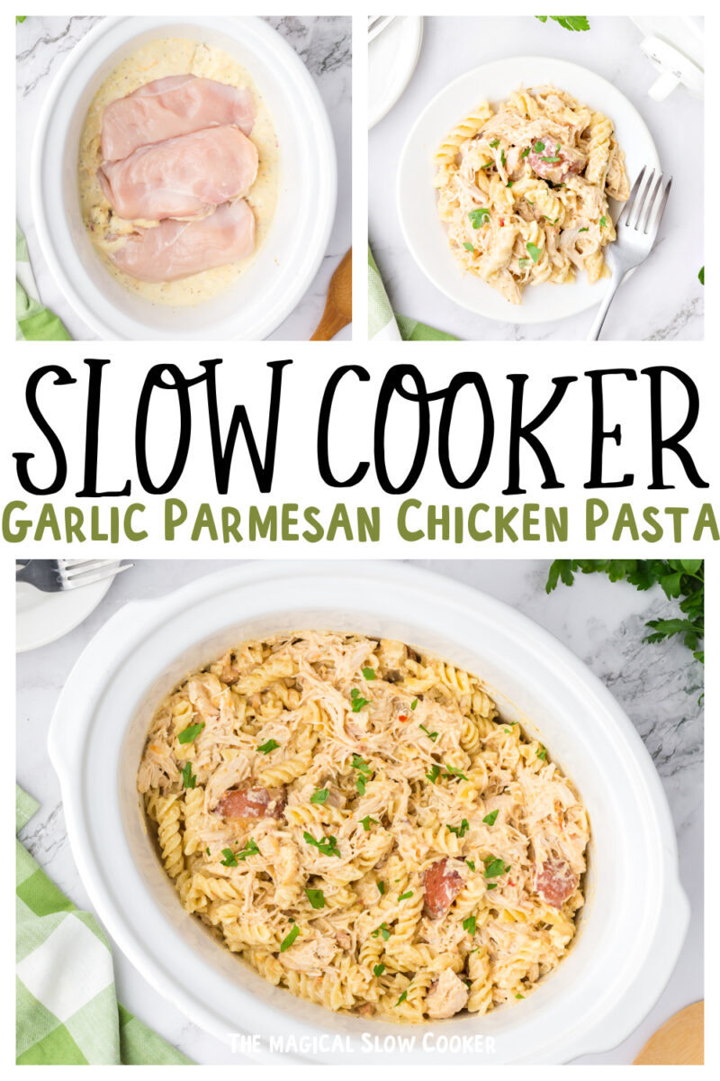 collage of parmesan pasta with text overlay for pinterest.