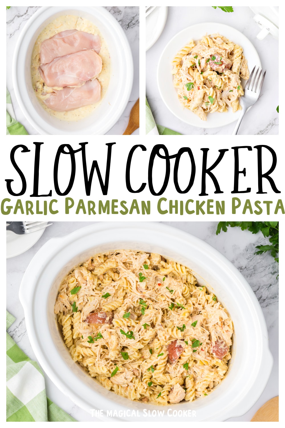 collage of parmesan pasta with text overlay for pinterest.