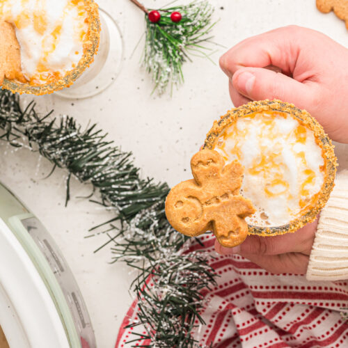 overhead shot of gingerbread lattes with person holding mug.