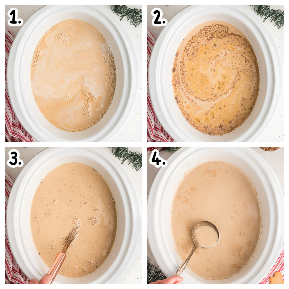 4 images showing how to mix gingerbread lattes in crockpot.
