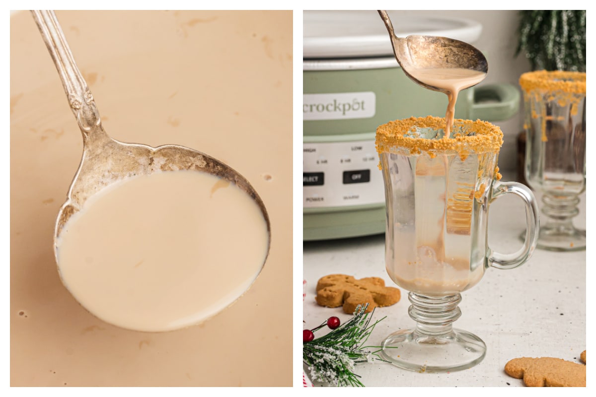 2 images of gingerbread lattes on a ladle.