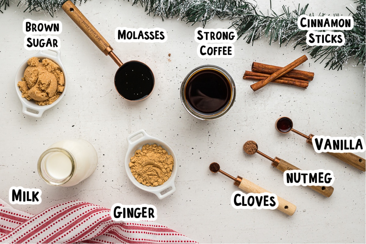 Ingredients for gingerbread lattes on a table.