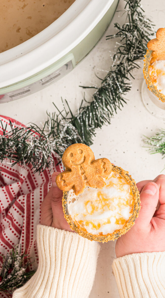 long image of someone holding a gingerbread latte.