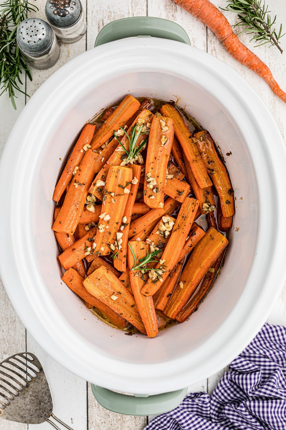 Overhead shot of honey garlic carrots in the slow cooker.