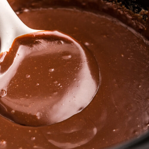 close up of hot fudge on a spoon.