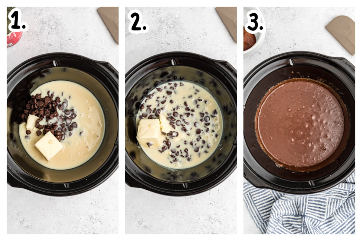 3 images showing how to make hot fudge in a slow cooker.