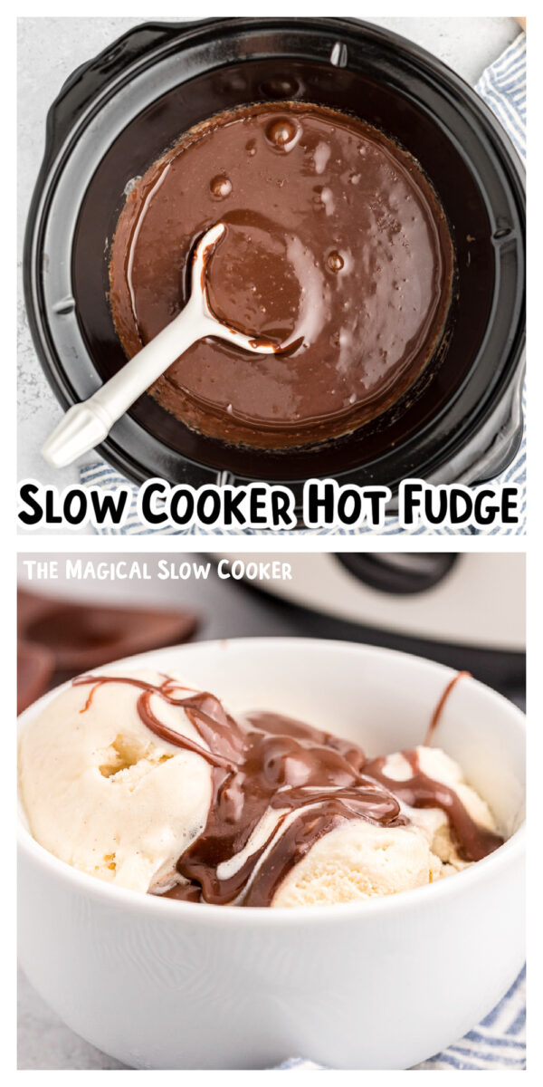 2 images of slow cooker hot fudge.