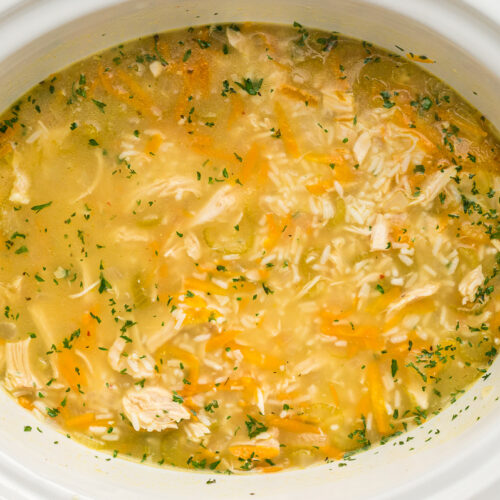 overhead shot of lemon chicken and rice soup.