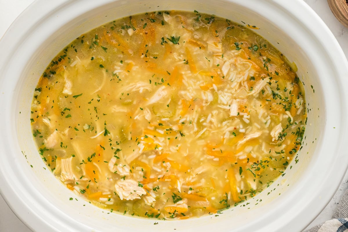 overhead shot of lemon chicken rice soup.