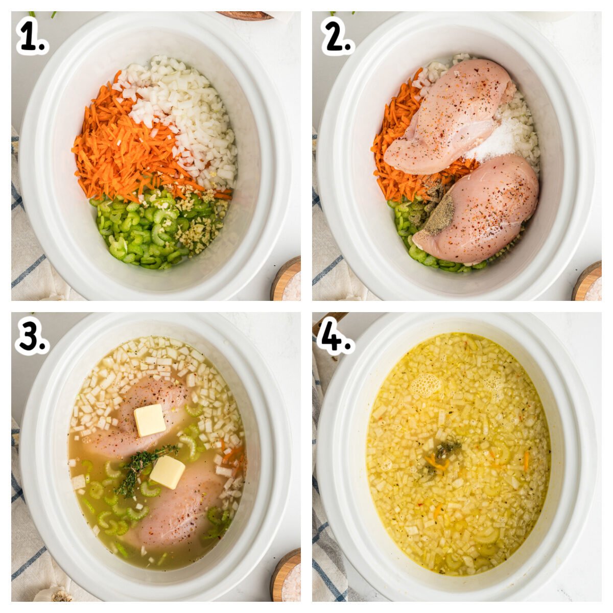 4 steps on how to make lemon chicken and rice soup in a slow cooker.